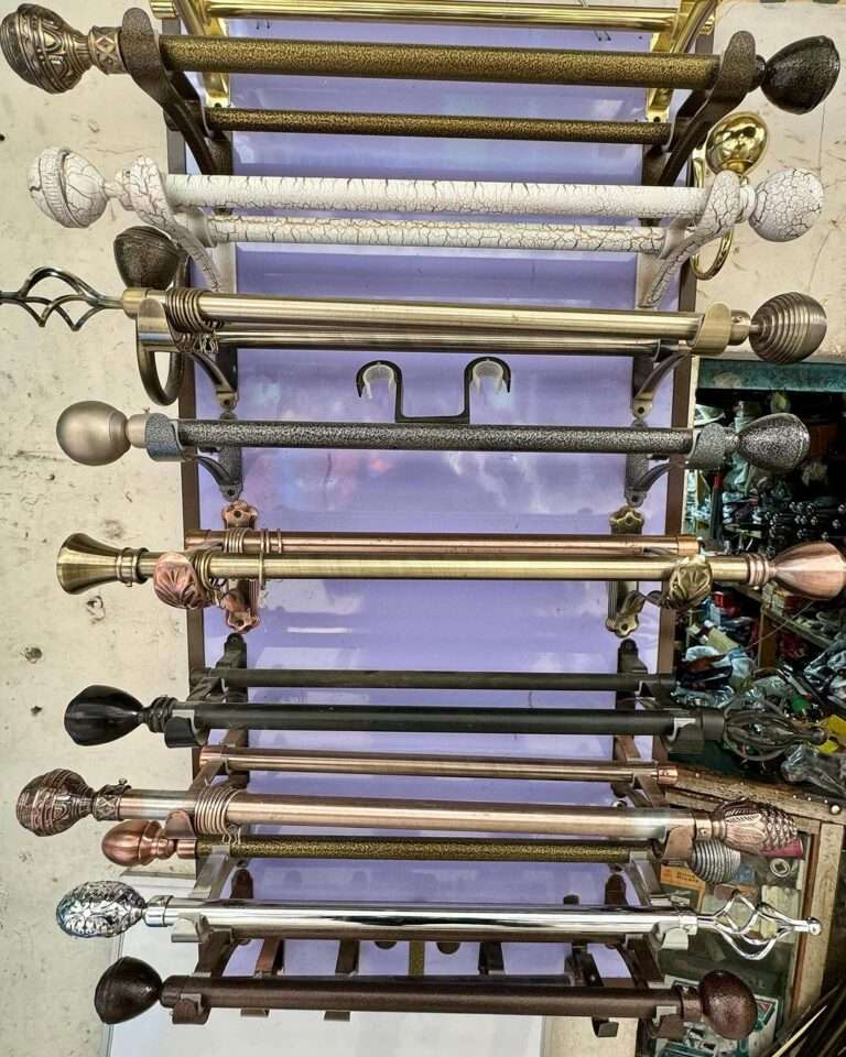 A variety of stylish curtain rods on display in a Kenyan showroom