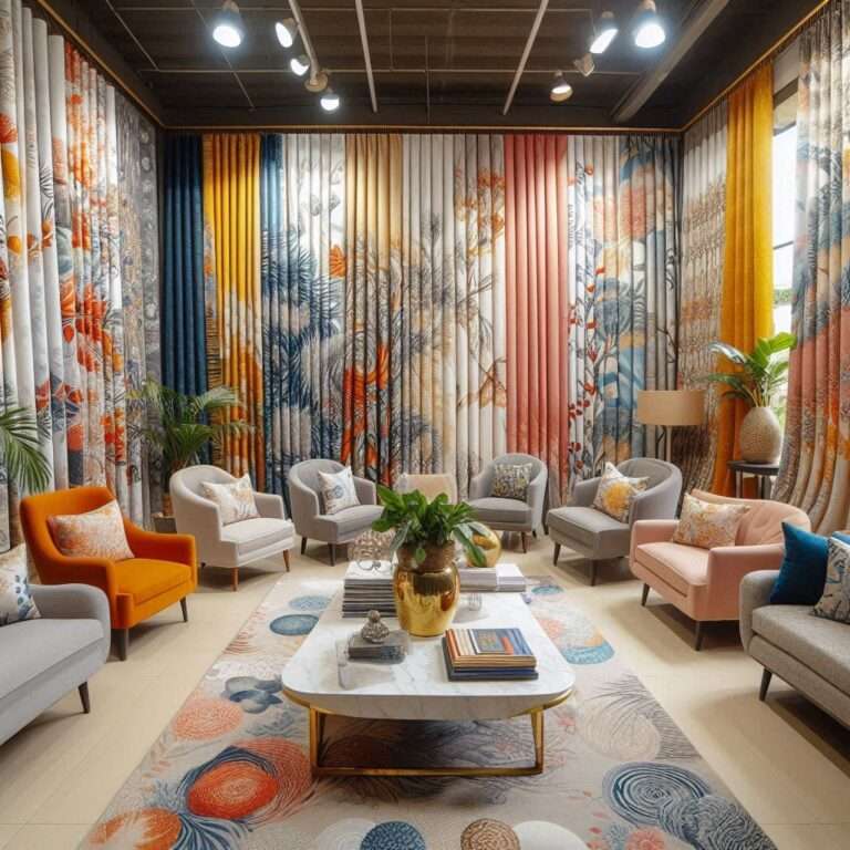 Showroom in Eastleigh, Nairobi displaying the latest curtain designs, featuring natural fabrics, bold patterns, and sheer curtains in a variety of styles.