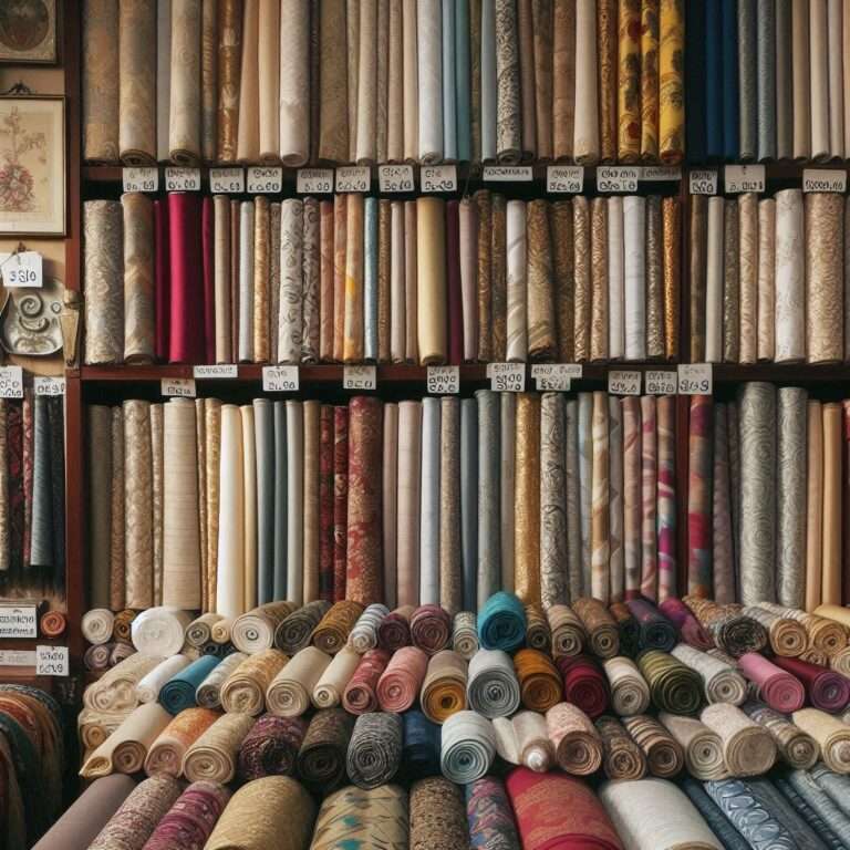 Various curtain materials such as cotton, velvet, linen, and silk with price tags displayed in a Nairobi fabric store.
