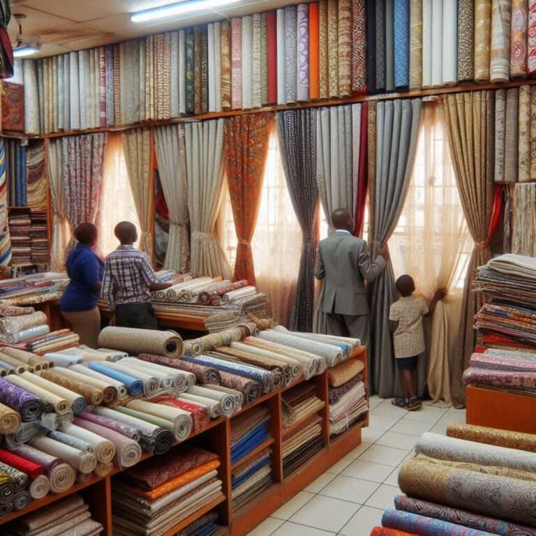 Eastleigh shop with a variety of ready-made curtains in different fabrics and colors, with customers selecting curtains for their homes.
