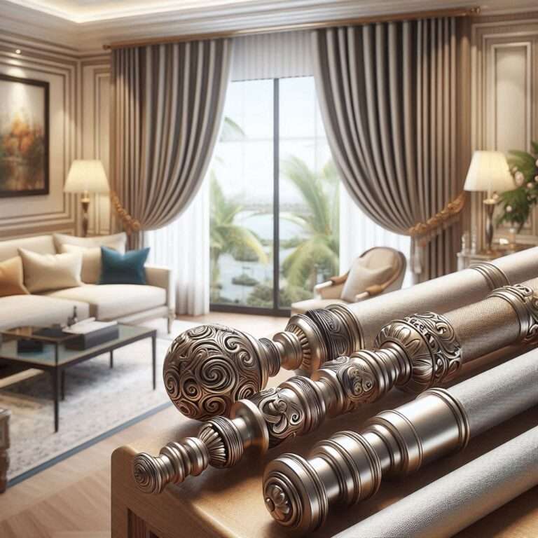 Modern curtain rods in stainless steel and wood, available at Kalus Top Curtains Nairobi, showcasing decorative finishes and various sizes for home use.