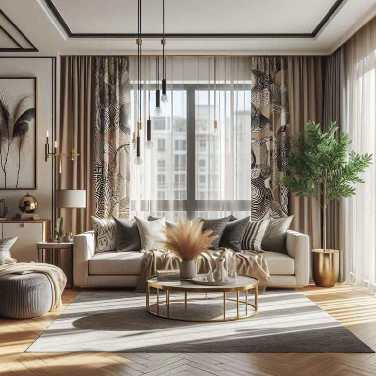 Stylish living room in Eastleigh with modern curtains featuring neutral tones, bold prints, and eco-friendly fabrics like linen and hemp.