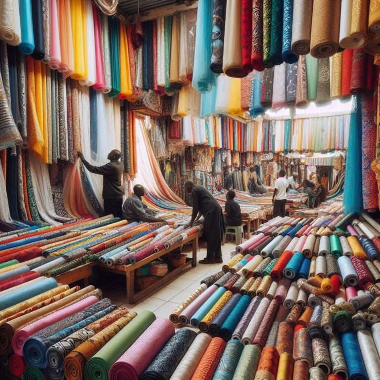Eastleigh market showcasing colorful curtains and sheers, with customers exploring various designs and fabric rolls on display.