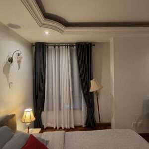 A touch of elegance at Ebony Park Villas ✨Dark grey blackout curtains paired with soft white she